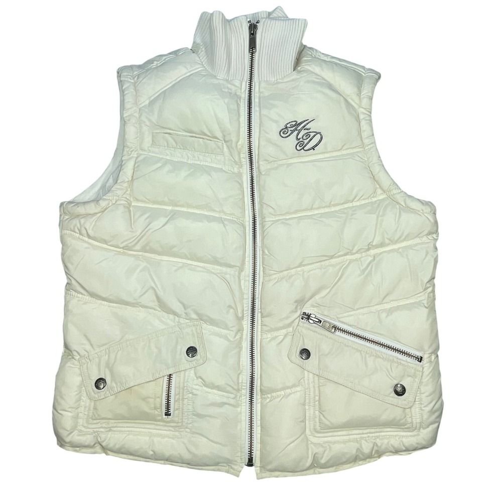 Harley-Davidson White Embroidered Quilted Puffer Vest Women Large